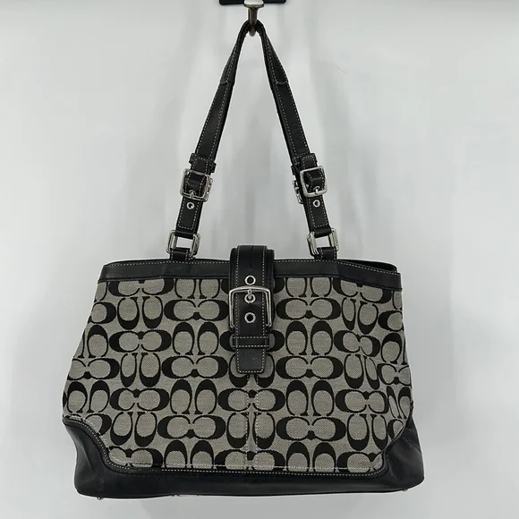 COACH Black & Gray Hampton Signature C Canvas Shoulder Bag Satchel Purse #F12643 - Picture 2 of 14
